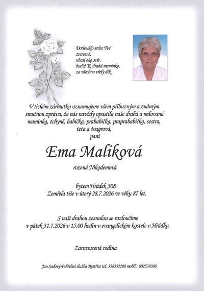 Smuteční oznámení – Ema Maliková