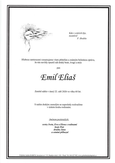 Smuteční oznámení – Emil Eliaš
