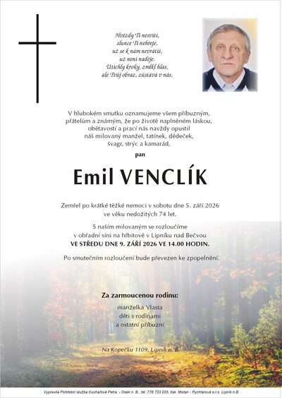 Smuteční oznámení – Emil Venclík