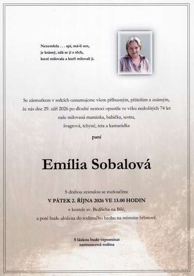 Smuteční oznámení – Emília Sobalová