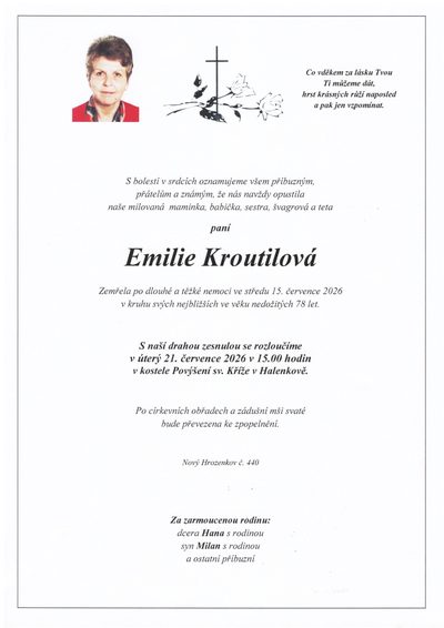 Smuteční oznámení – Emilie Kroutilová