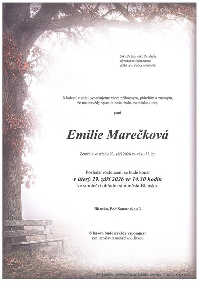 Smuteční oznámení – Emilie Marečková