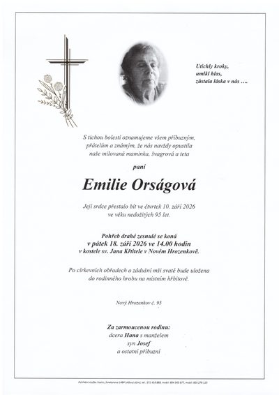Smuteční oznámení – Emilie Orságová