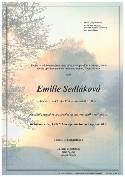 Smuteční oznámení – Emilie Sedláková