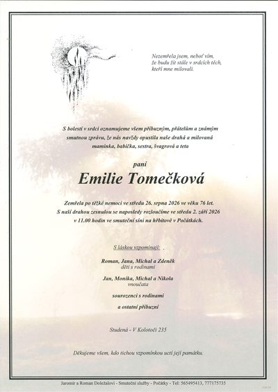 Smuteční oznámení – Emilie Tomečková