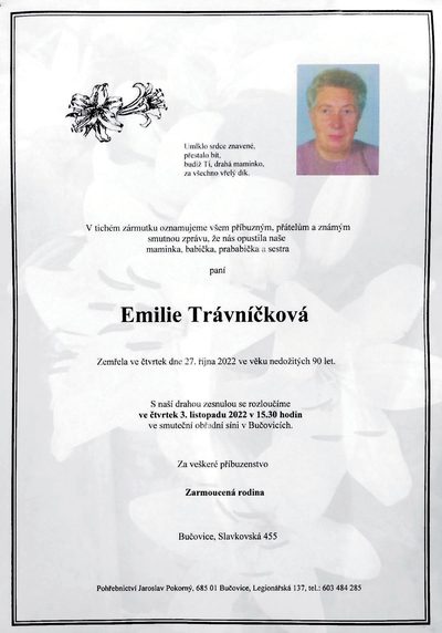 Smuteční oznámení – Emilie Vrávníčková