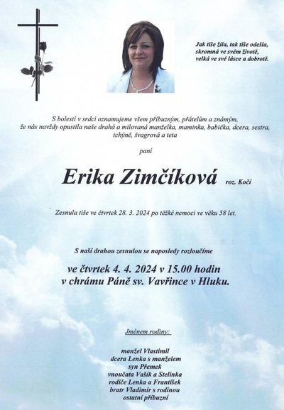 Smuteční oznámení – Erika Zimcikova