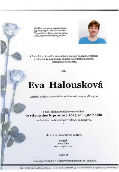 Smuteční oznámení – Eva Halousková