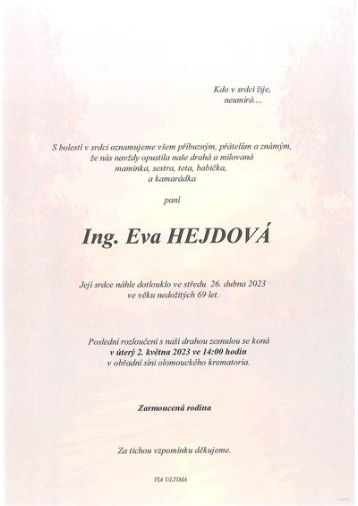 Smuteční oznámení – Ing. Eva Hejdová