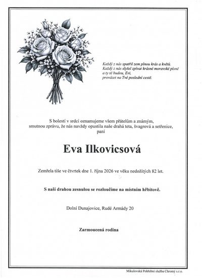 Smuteční oznámení – Eva Ilkovicsová