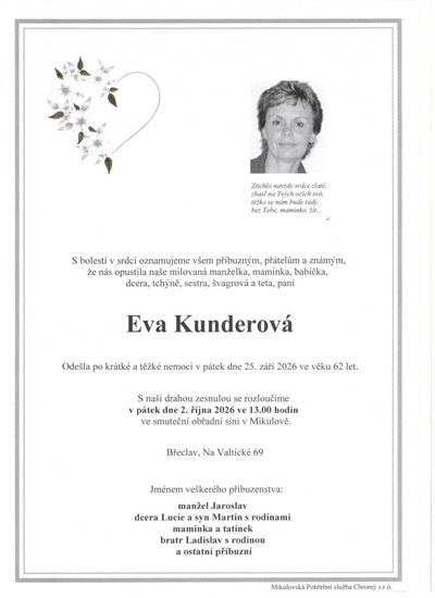Smuteční oznámení – Eva Kunderová