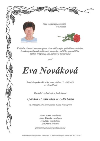 Smuteční oznámení – Eva Nováková