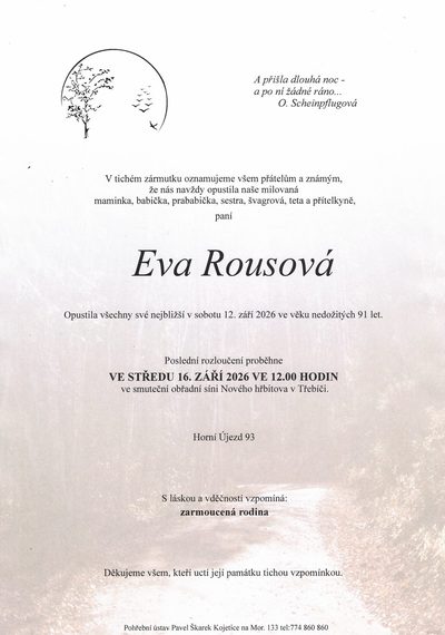 Smuteční oznámení – Eva Rousová