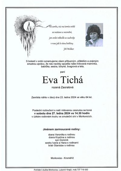 Smuteční oznámení – Eva Tichá