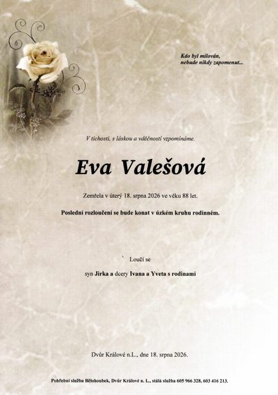 Smuteční oznámení – Eva Valesova