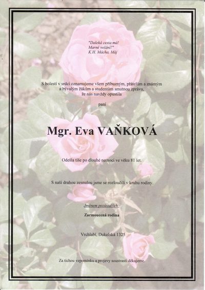 Smuteční oznámení – Mgr. Eva Vaňková