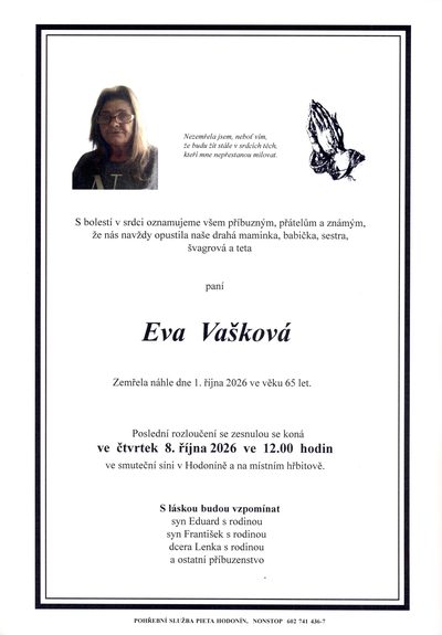Smuteční oznámení – Eva Vaskova