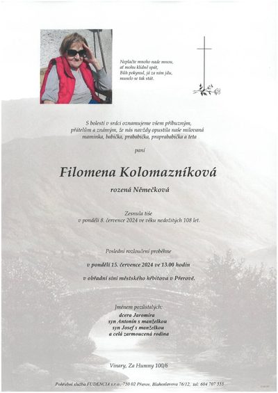 Smuteční oznámení – Filomena Kolomazníková