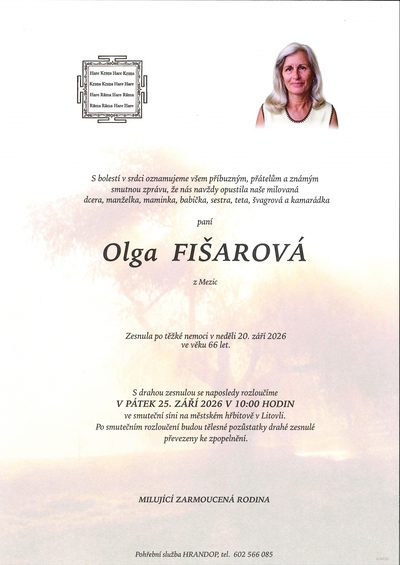 Smuteční oznámení – FIŠAROVÁ Fišarová