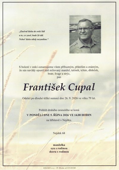 Smuteční oznámení – Frantisek Cupal