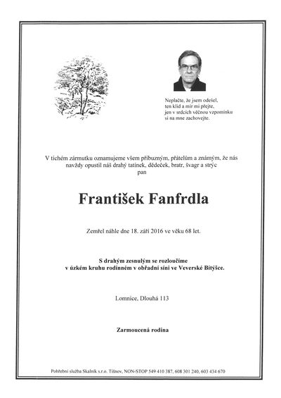 Smuteční oznámení – František Fanfrdla