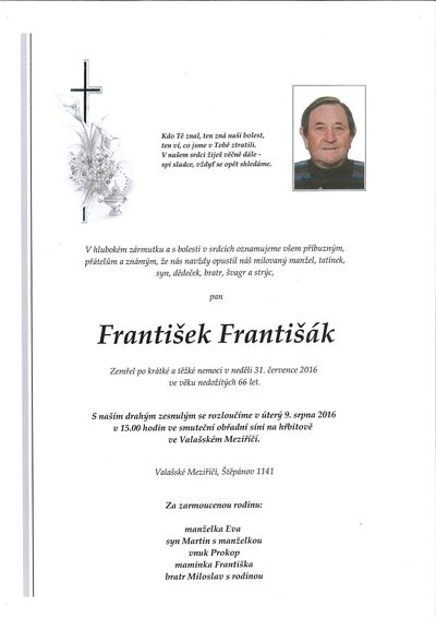 Smuteční oznámení – František Františák