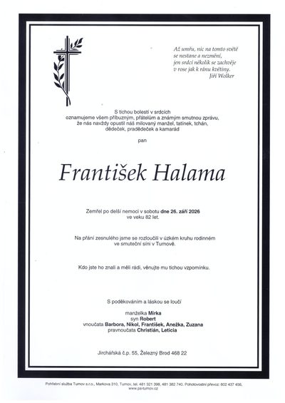 Smuteční oznámení – František Halama