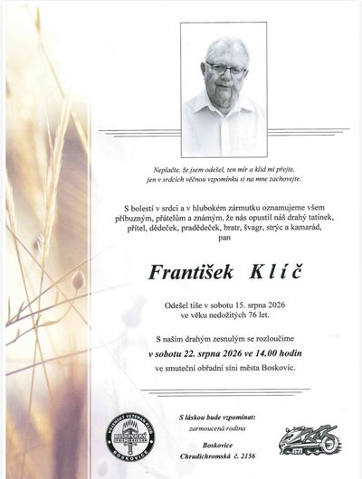 Smuteční oznámení – František Klíč
