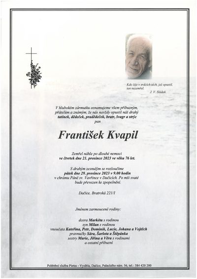 Smuteční oznámení – František Kvapil