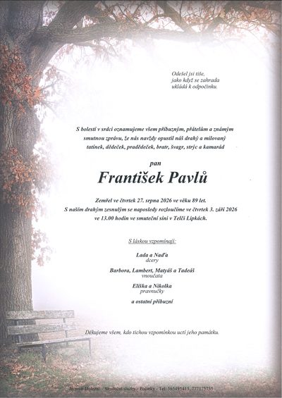Smuteční oznámení – František Pavlů
