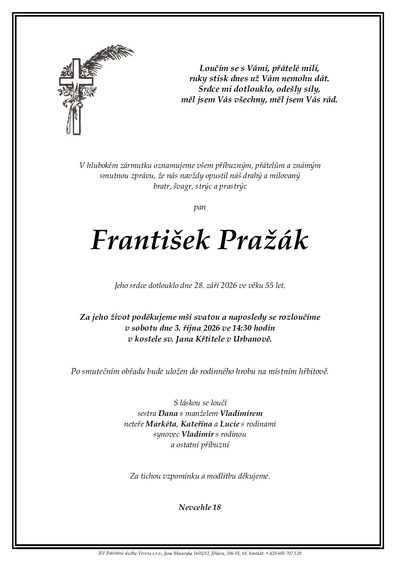 Smuteční oznámení – František Pražák