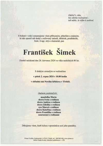 Smuteční oznámení – František Šimek
