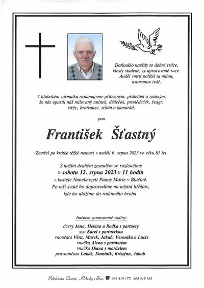 Smuteční oznámení – František Šťastný