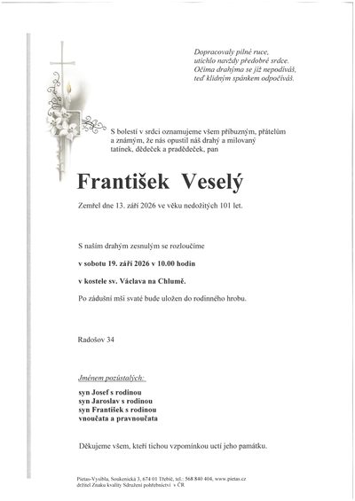 Smuteční oznámení – František Veselý