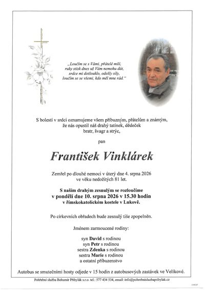 Smuteční oznámení – František Vinklárek