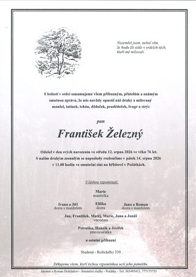 Smuteční oznámení – František Železný