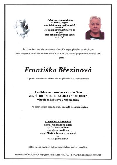 Smuteční oznámení – Františka Březinová