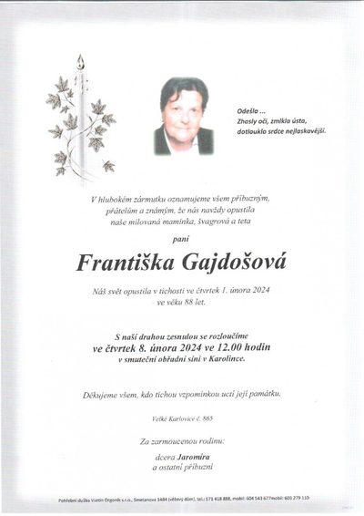 Smuteční oznámení – Františka Gajdošová