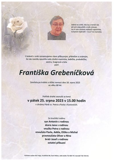 Smuteční oznámení – Františka Grebeníčková