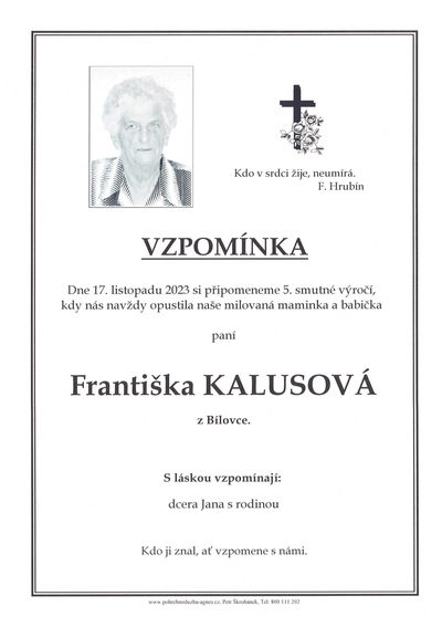 Smuteční oznámení – Františka Kalusová