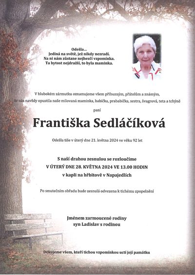 Smuteční oznámení – Františka Sedláčíková