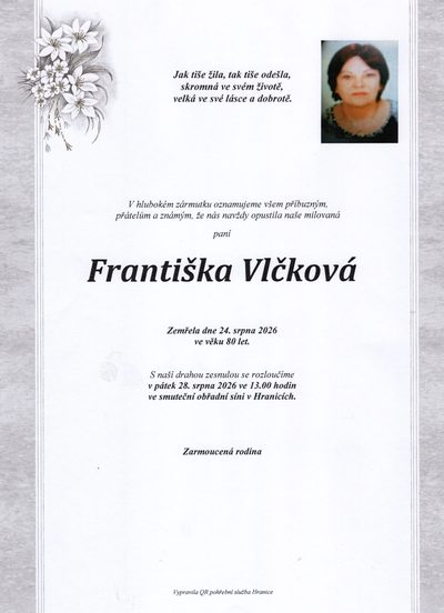 Smuteční oznámení – Františka Vlčková