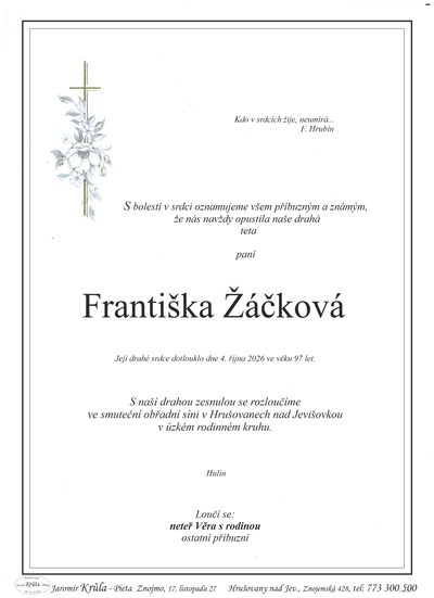 Smuteční oznámení – Františka Žáčková