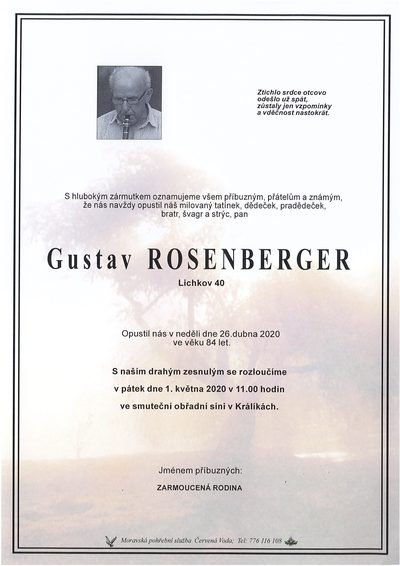 Smuteční oznámení – Gustav Rosenberger