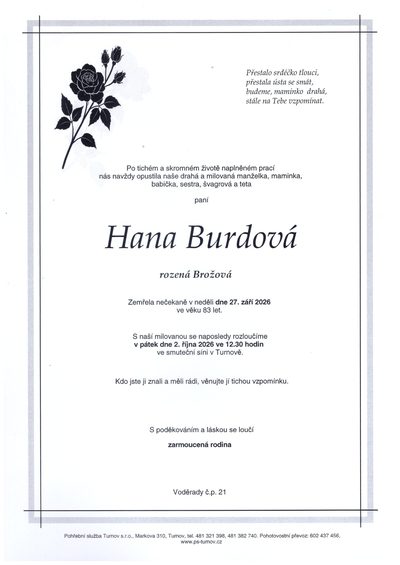 Smuteční oznámení – Hana Burdová