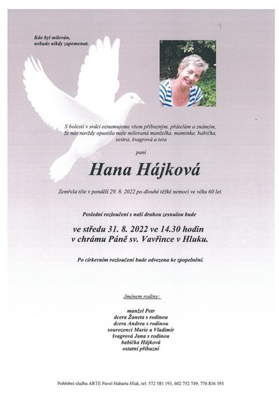 Smuteční oznámení – Hana Hájková