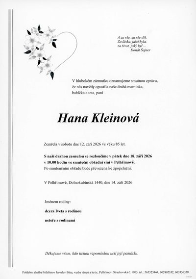 Smuteční oznámení – Hana Kleinová