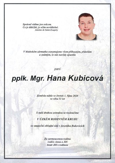Smuteční oznámení – Pplk. Mgr. Hana Kubicová