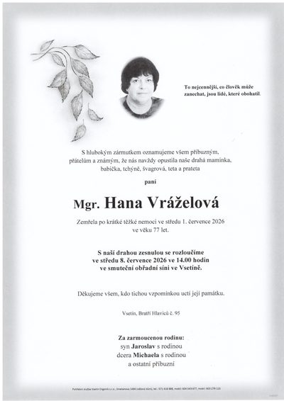 Smuteční oznámení – Mgr. Hana Vráželová