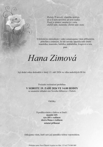Smuteční oznámení – Hana Zimová